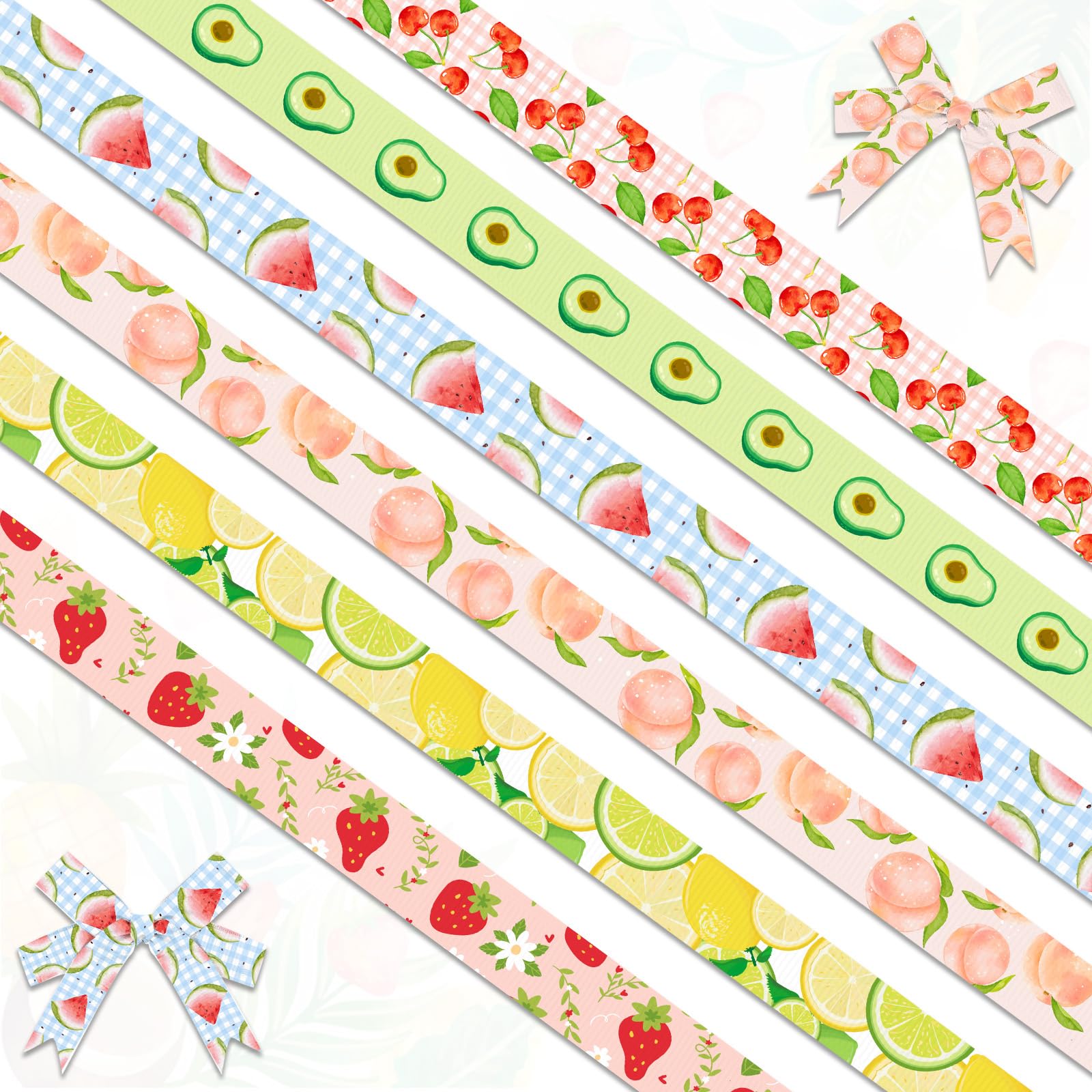 Photo 1 of **INCOMPLETE** ABTOLS 3 Rolls 18 Yards Fruit Ribbons, 3/8" Blue White Buffalo Plaid Grosgrain Ribbons Watermelon Cherry Peach Pattern Ribbon for Home Summer Spring Party Gift Wrapping Crafts (Peach, Cherry, Watermelon)