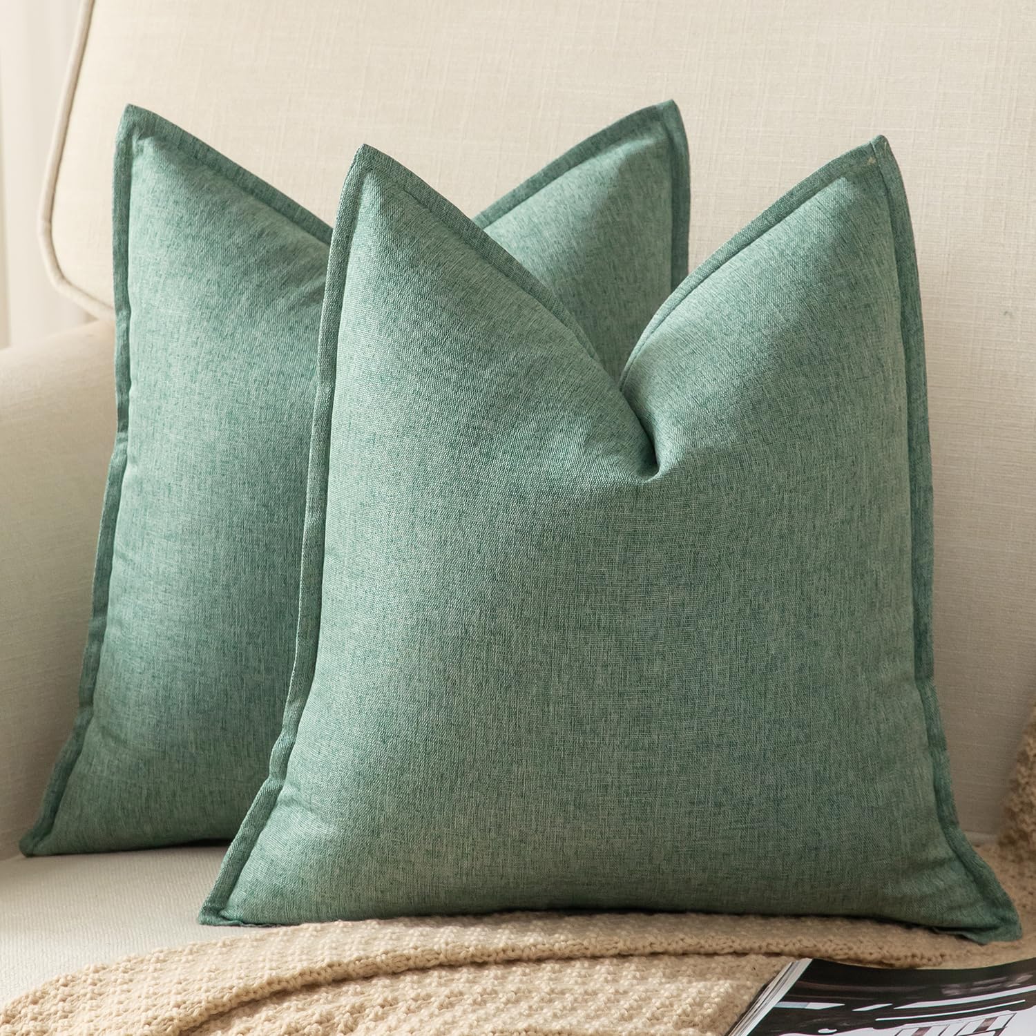 YAERTUN Pack of 2 Decorative Linen Soild Cushion Covers Farmhouse Neutral Throw Pillow Cases for Chair Couch Sofa Bedroom Living Room Home Decor 20 x 20 Inch 50x50 cm Sage Green