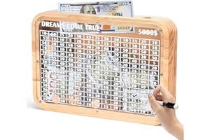 AORCMITN Wooden 5000 Money Saving Challenge Box，5k Cash Vault Piggy Bank for Adults Kids Boys Girls，Cion Bank Target Saver Box with Counter/Dry Erase Pen