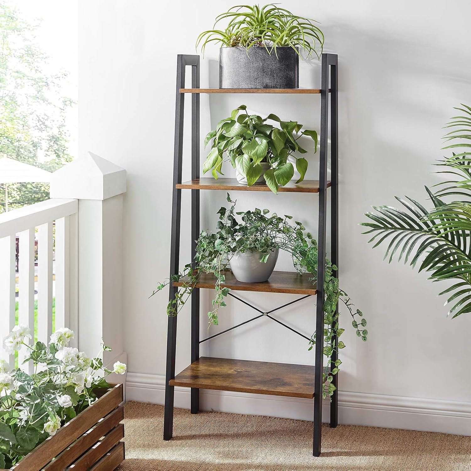 VASAGLE ALINRU Ladder Shelf, 4-Tier Bookshelf, Storage Rack Shelves, Bathroom, Living Room, Industrial Accent Furniture, Steel Frame, Rustic Brown and Black ULLS44X: Home & Kitchen