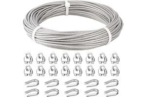 Fshihine 3/16 Wire Rope, 50ft Stainless Steel Cable with Wire Rope Clamps & Thimble, 3700lbs Breaking Strength, 7X19 Strands Aircraft Cable for Zipline, Deck Railing, Clothesline