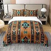 Feelyou Brown Southwestern Bedding Duvet Cover 100% Cotton Set King Size Geometric Bedding Set Tribal Exotic Native American Indian Design Comforter Cover Set Stripe Line Bedspread Cover,No Comforter