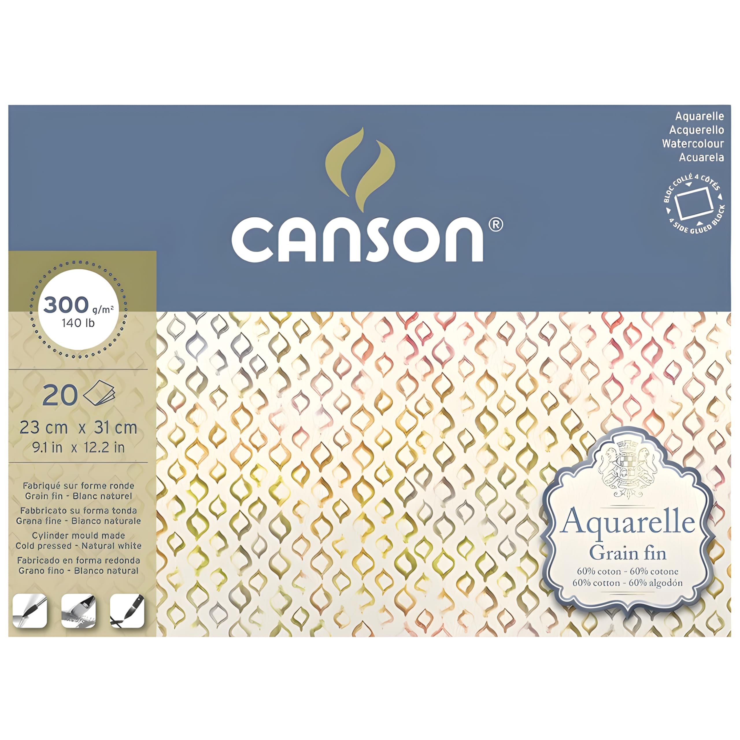 CANSON Aquarelle Watercolour Cold Pressed 300gsm Paper, Block Glued 4 Sides, 23x31cm Natural White 20 Sheets, For Professional Artists