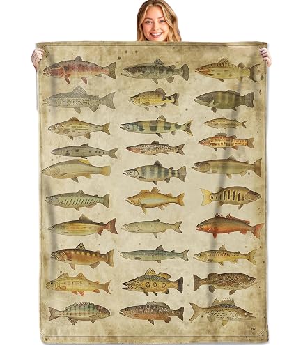 Vintage Fish Flannel Throw Blanket - Ultra Soft Fleece, 50x40 Inches, Fishing Gift For Dad