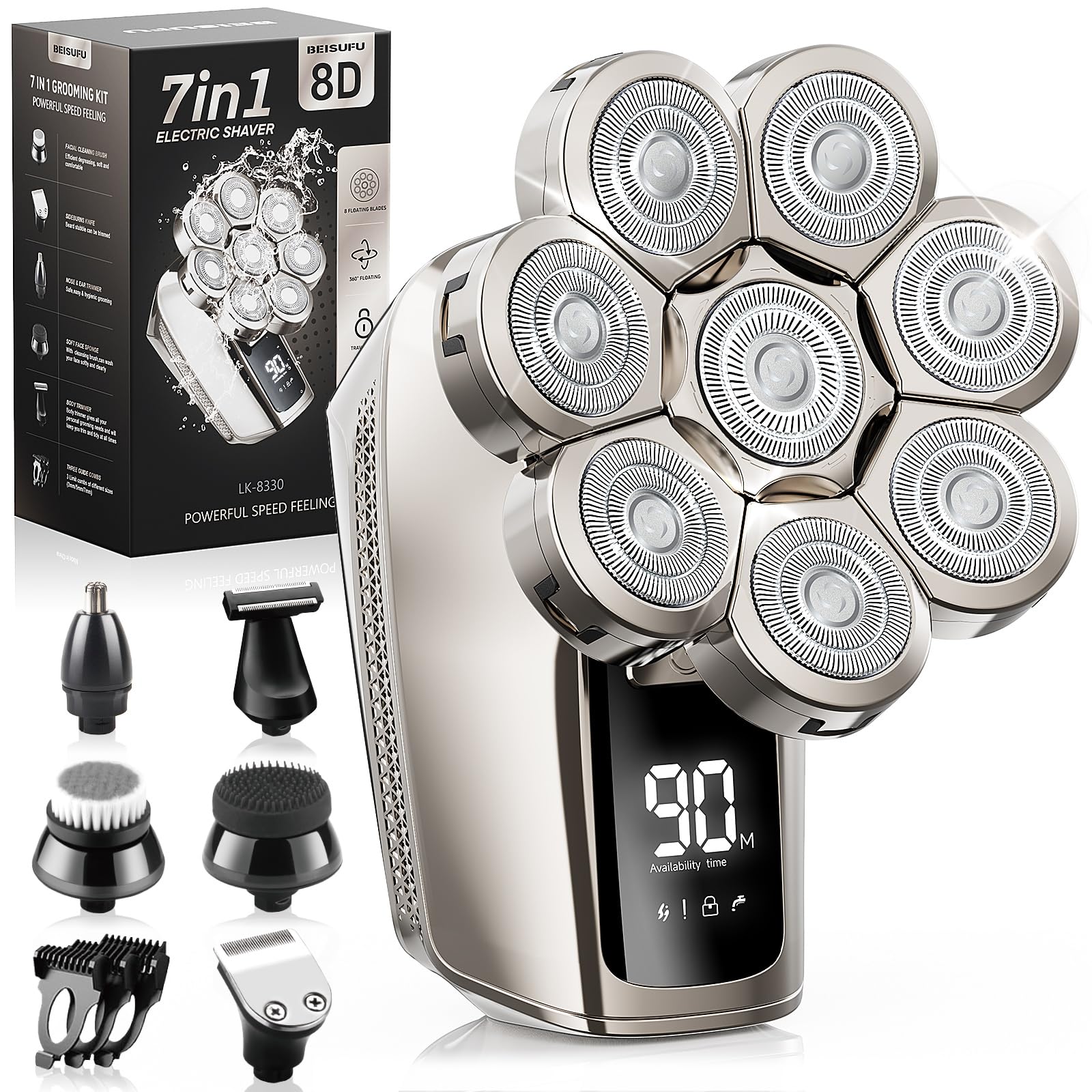 Head Shavers for Men, 8D Electric Razor for Bald Men, 7 in 1 Skull Shavers, Waterproof Wet/Dry Razor Beard Grooming Kit with LED Display, Rechargeable Bald Head Razor