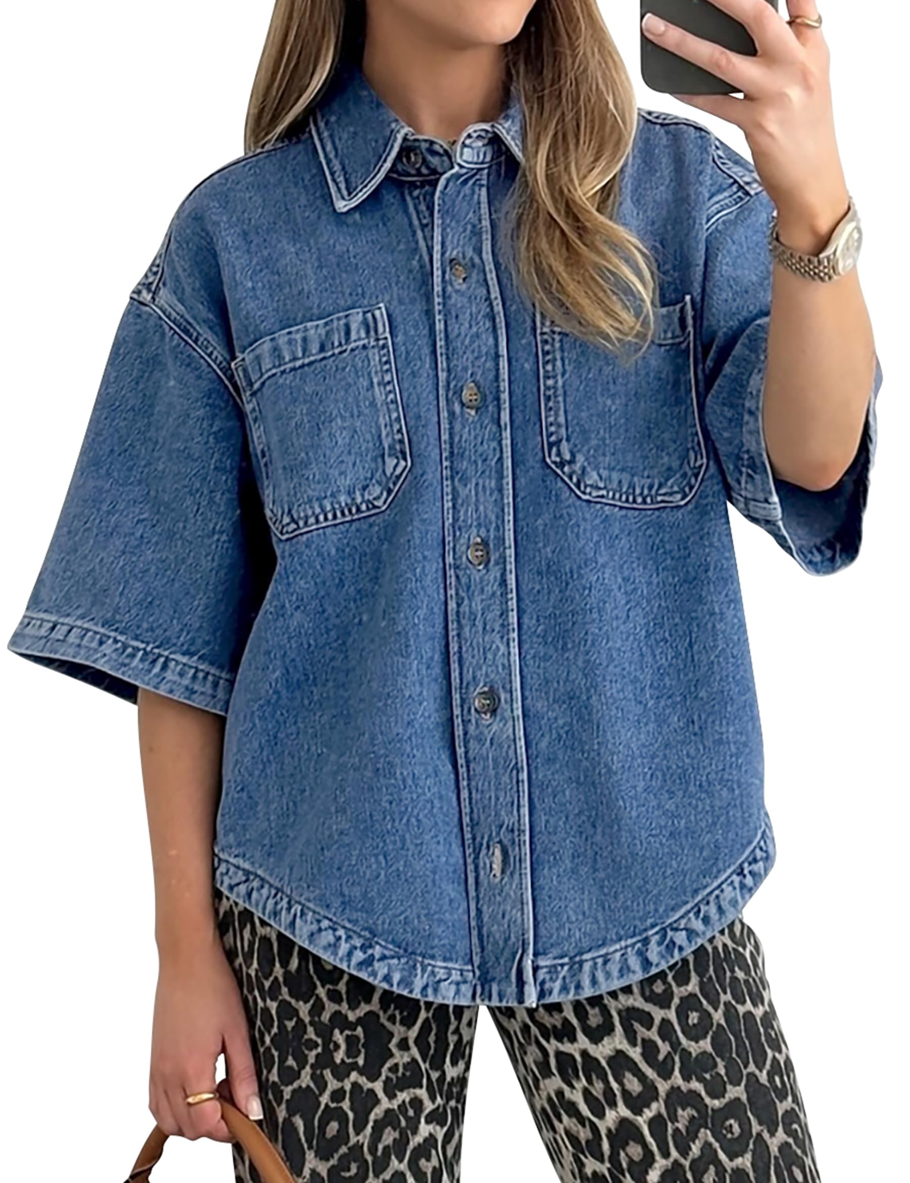 Photo 1 of POTILI Women's Denim Shirt, Button Down Short Sleeve Jean Shirts Casual Top Outfits Trendy Blue