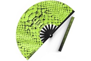 FIRST EARTH UV Glow Rave Fan – Folding Hand Fan with Bamboo Ribs & Blacklight Reactive Fabric – Loud Snap, Festival Accessory for EDM, Dance, Party, and Performance – 13” Closed, 25” Open (Neon Snake)