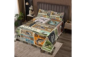 jejeloiu Fish Quilted Coverlet Vintage Fish Stamp Pattern Bedspread for Boys Girls Children Fishing and Hunting Brown Green Coverlet Set Room Decor Twin Size with 1 Pillow Case