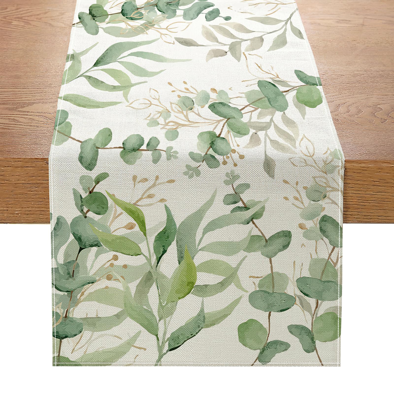 Dremisland Eucalyptus Leaves Spring Summer Table Runner Sage Green Table Cover Cotton Linen Seasonal Table Mat Runners for Kitchen Dining Table Decor Indoor Outdoor Party Supply, 30x180cm