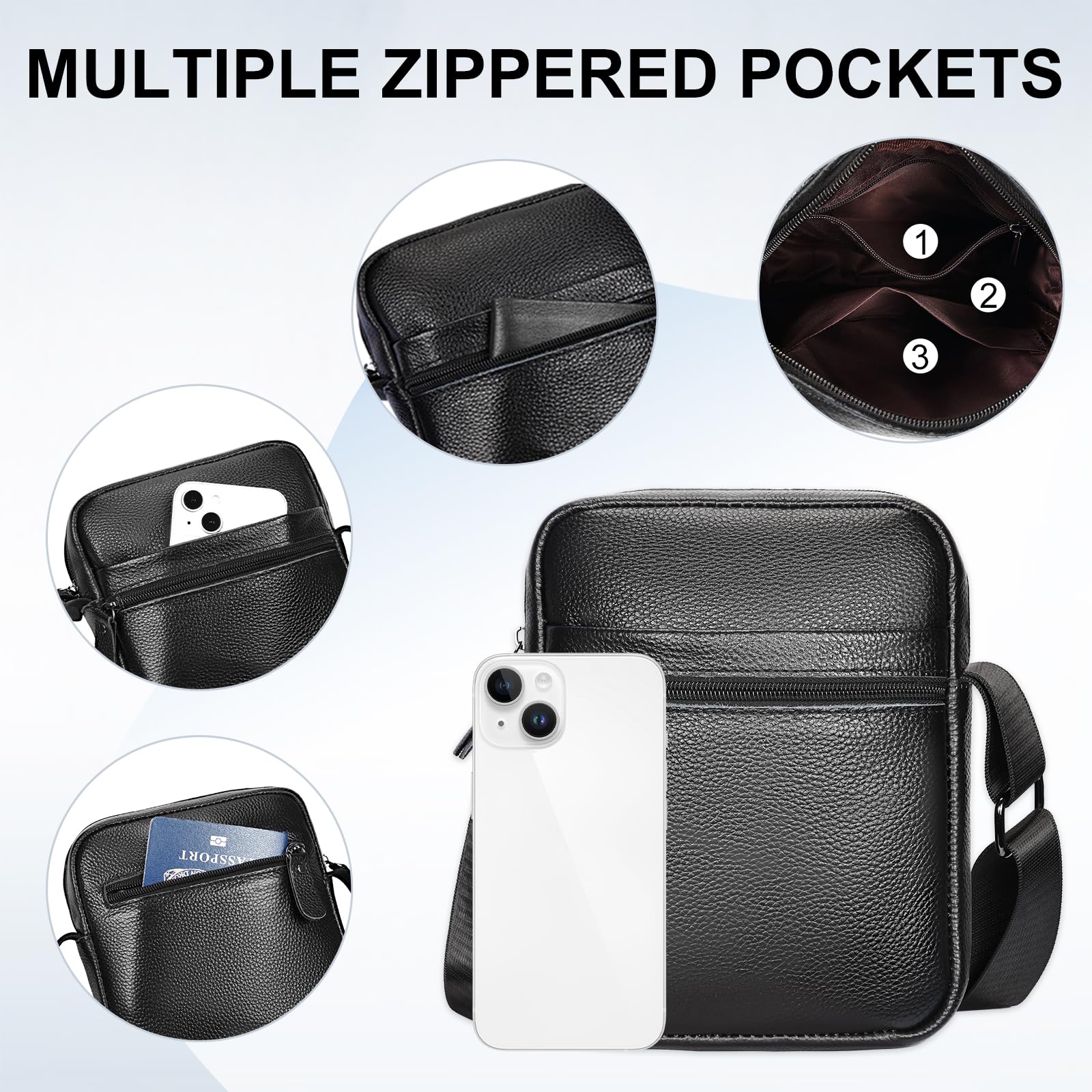 Leathario Men's Crossbody Shoulder Bag, Genuine Leather Small Messenger Satchel for Work Business Travel, Black Side Purse