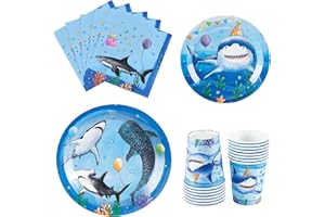 WERNNSAI Shark Party Supplies - 64 PCS Shark Birthday Decorations Party Plates Cups Napkins Tableware for Boys Kids Ocean Bir