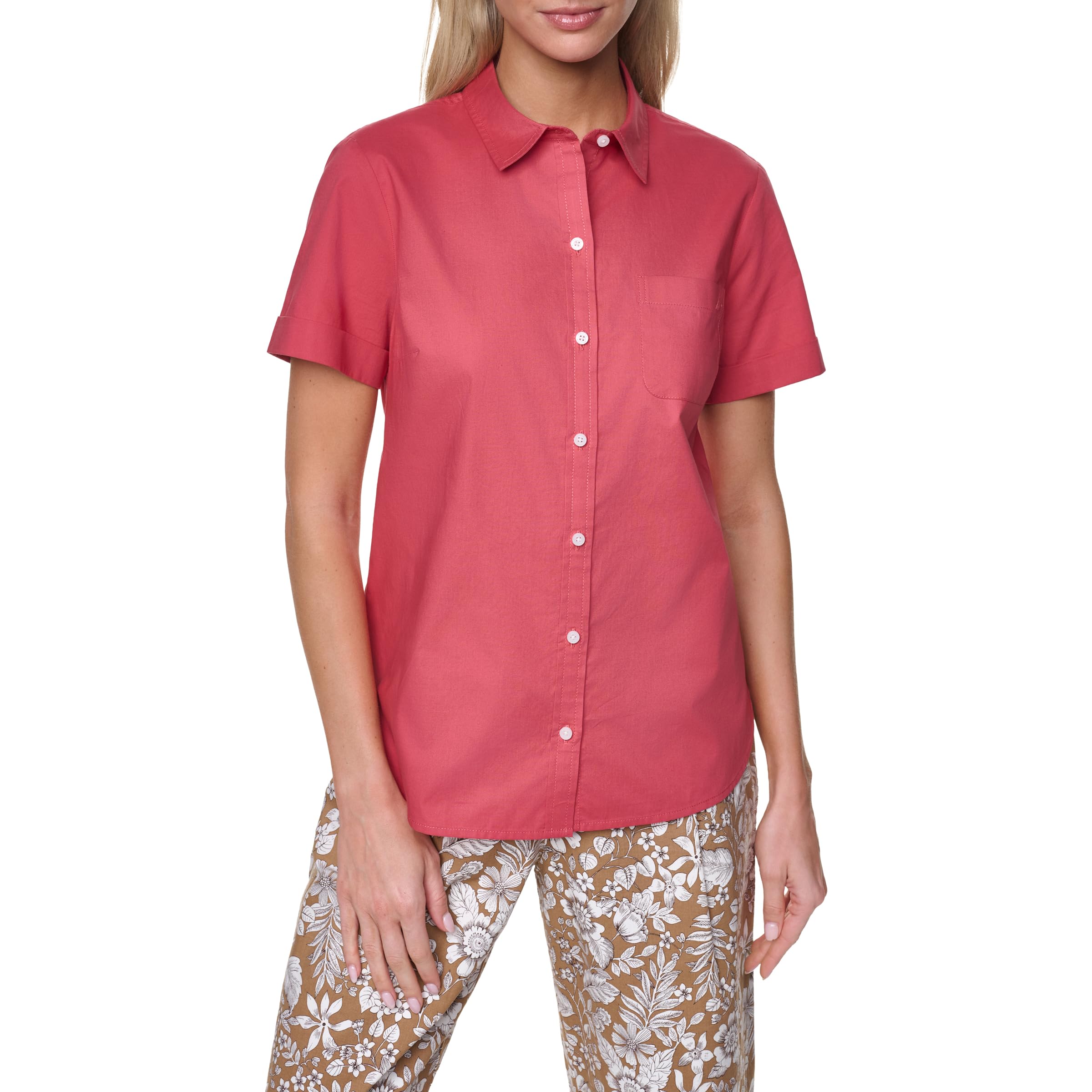 Nautica Women’s Button Front Short Sleeve Camp Shirt, Mineral Red, Small