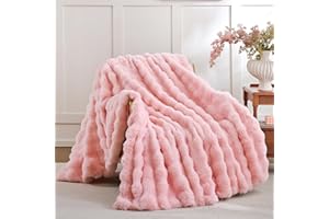 Smoofy Faux Fur Throw Blanket for Couch – Blush Pink Fluffy Cozy Rabbit Fleece, Plush Soft Bubble Blanket for Sofa & Bed, for Mom, Warm Fuzzy Home Room Decor Throw 50" x 60"