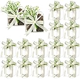 Remerry 50 Sets Clear Favor Boxes 2.4 x 2.4 x 2.4 Inches Plastic Clear Gift Boxes with Artificial Baby Breath Flowers Satin Ribbons Mini Transparent Cube for Wedding Bridal Shower Birthday Party