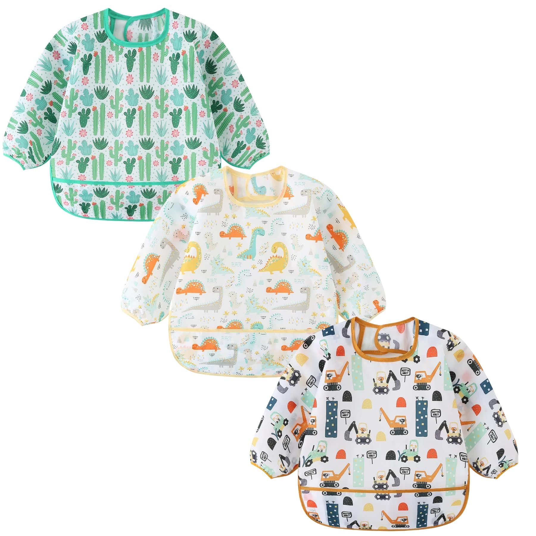 ElecMotive Long Sleeve Bibs 3 Pack Waterproof Sleeved Bib Baby Toddler Soft Bib for 6-30 Months