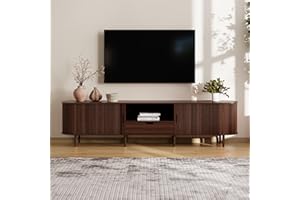 DHH 86.6" Fluted TV Stand with Power Outlet for TVs up to 90", TV Console with Adjustable Shelves and Sliding Door,Mid Centur