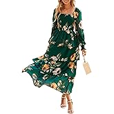 Simplee Womens Long Sleeve Floral Wedding Guest Dress Flowy Tiered Smocked Square Neck Fall Boho Maxi Dresses
