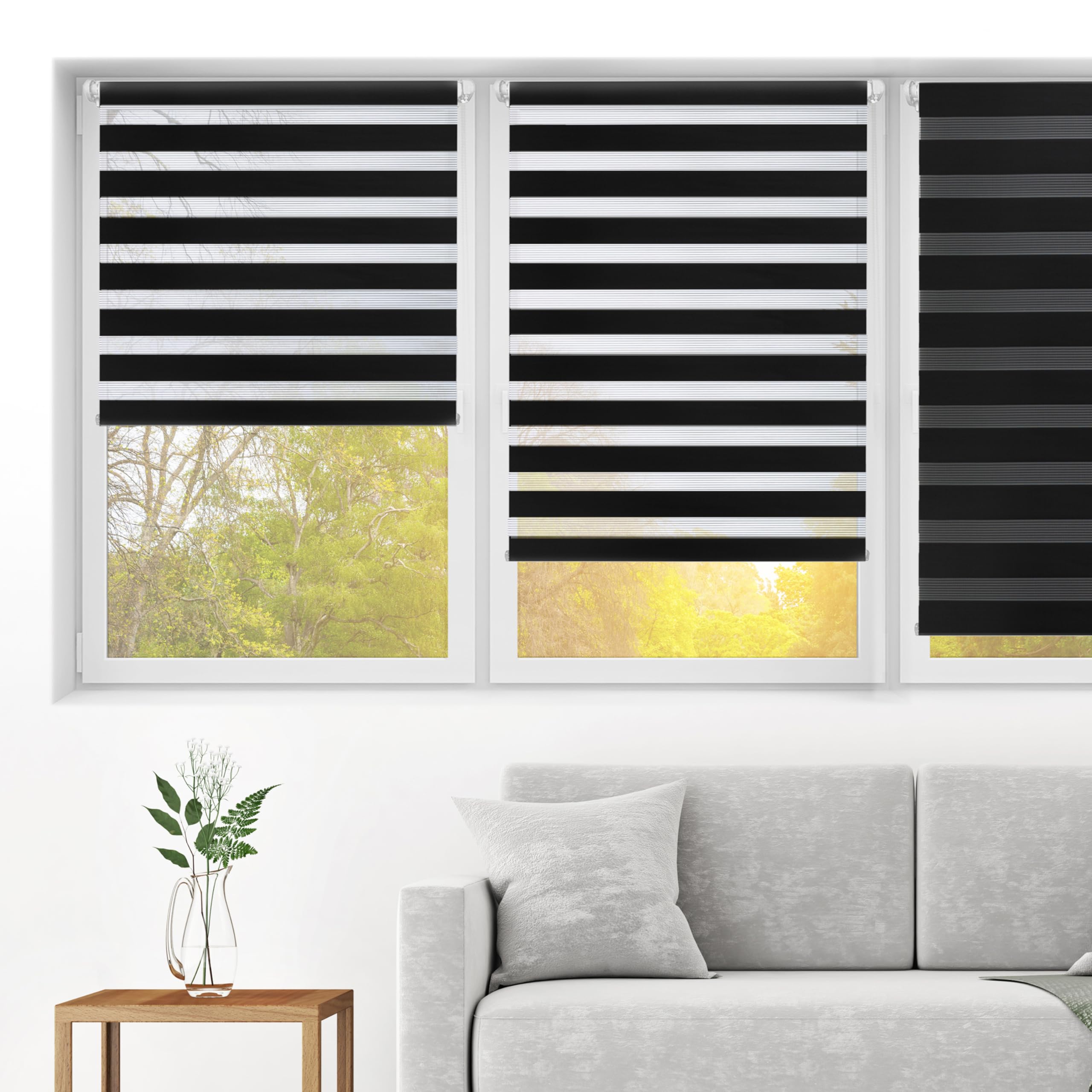 Blindecor - Indus "NO TOOLS REQUIRED". Double layered roller blind, Night and Day. Black. 77x180 cm (width x length)