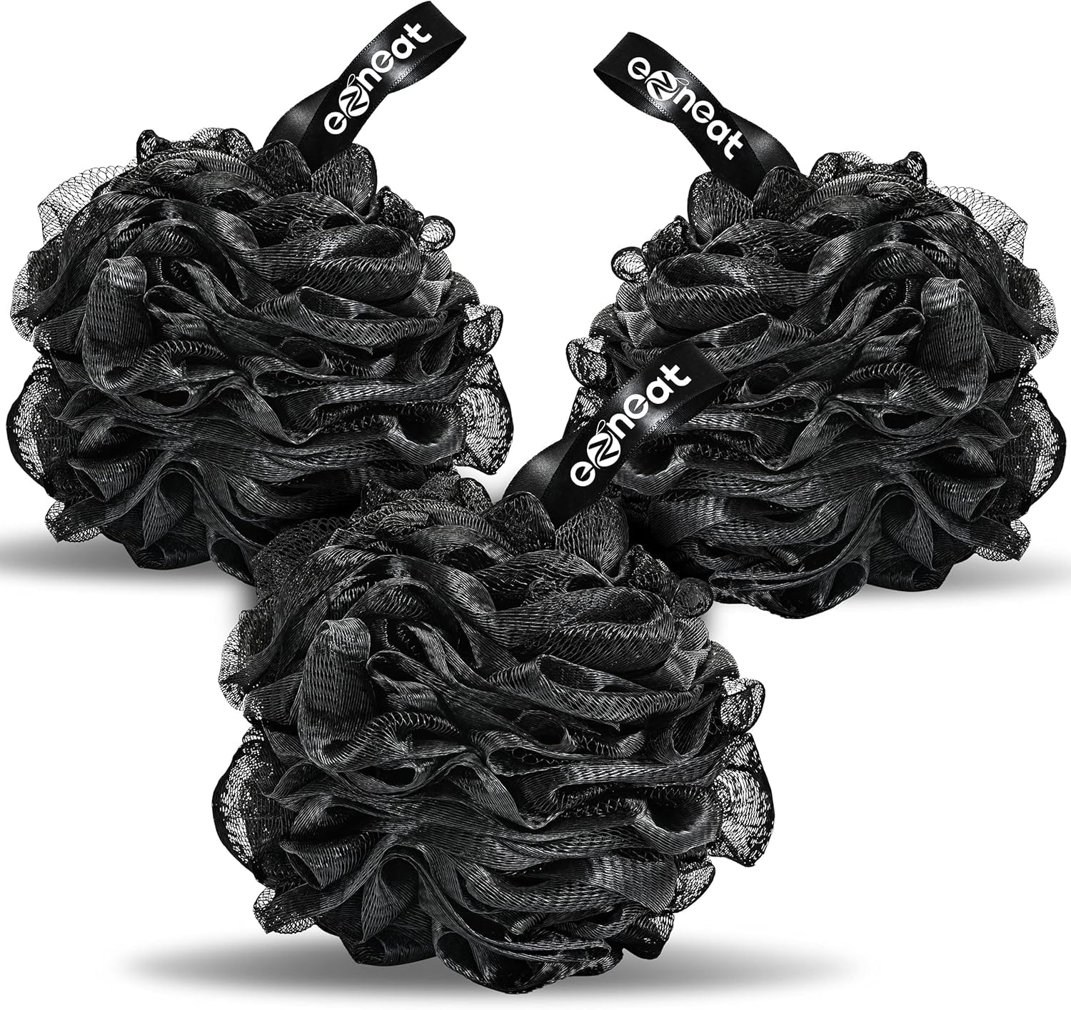 Ezneat Loofah Shower Puff 3Pcs 70 Gram Ultra Soft Mesh Bath Sponges for Adults Exfoliating, Scrubbing and Cleaning - Body Scrubbers for Use in Shower -Black