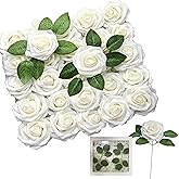 SHUERIET Ivory White Artificial Roses 25pcs, Real Looking Fake Foam Flowers with Stems for DIY Wedding Bridal Bouquets, Centerpieces, Party, Baby Shower, Christmas Decor
