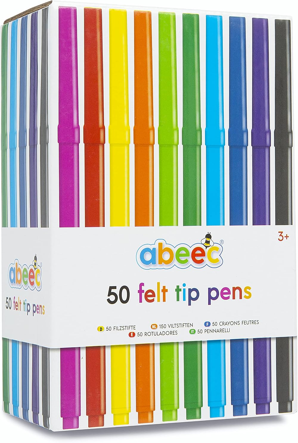 abeec 50 Felt Tip Pens – Assorted Colour Set for Kids 3+ in Box