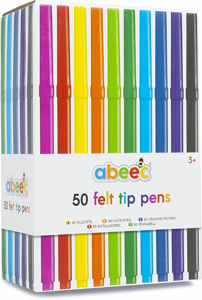 abeec 50 Felt Tip Pens – Assorted Colour Set for Kids 3+ in Box