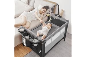 AFGBF Baby Bassinet Bedside Sleeper with Diaper Changer, 5 in 1 Pack and Play, Portable Baby Crib with Carry Bag, Baby Playard with 4 Adjustable Height, Easy to Install