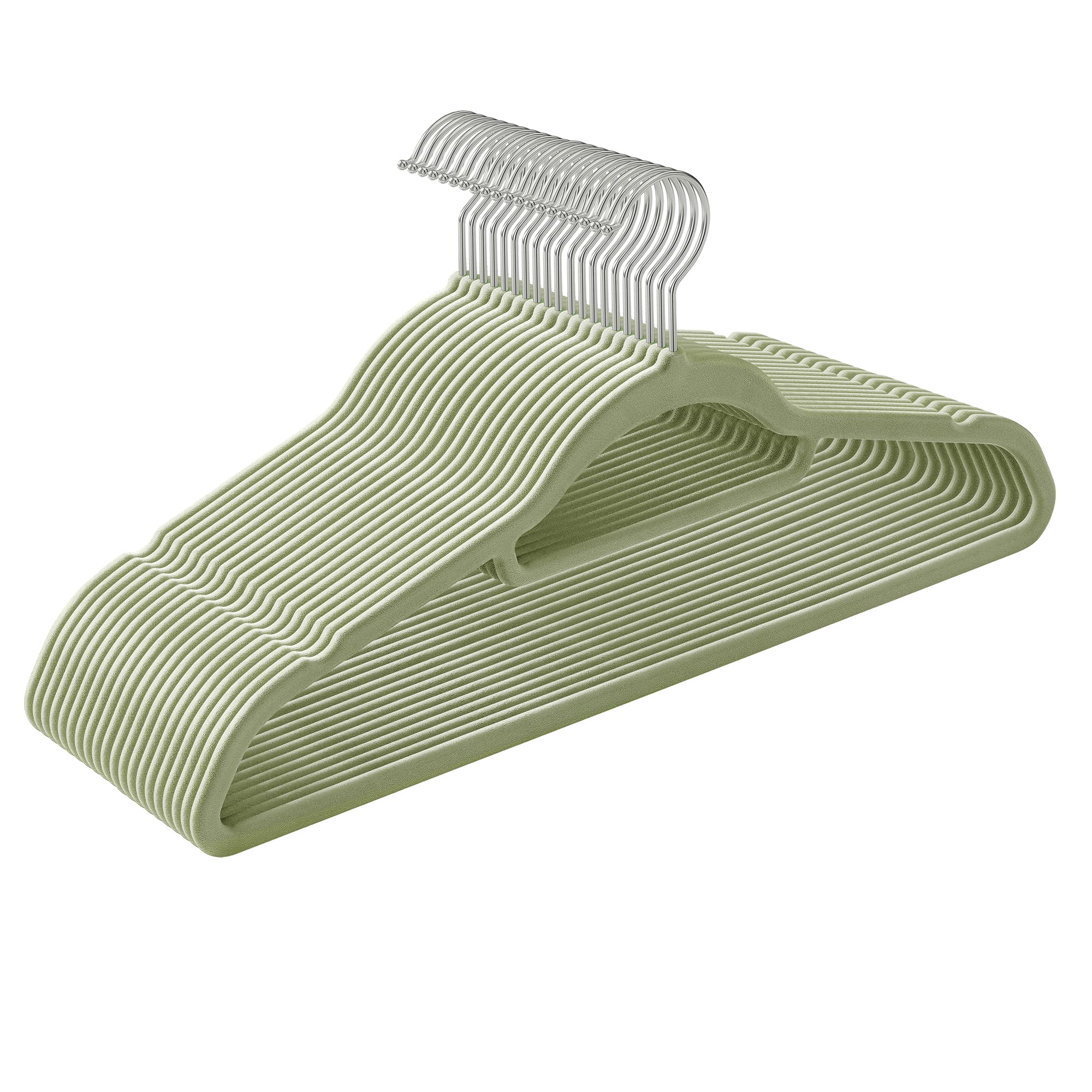 SONGMICS Velvet Hangers, Set of 20 Clothes Coat Hangers, Non-Slip, with Tie Bar and 360° Swivel Hook, Space-Saving, 0.6 cm Thick, 43.5 cm Long, for Dresses Trousers, Pale Green CRF020GR20