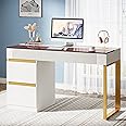 Tribesigns Computer Desk with 4 Drawers, 47 Inch Modern Home Office Desk with Glass Top, White and Gold Writing Workstation Desk with Storage, Makeup Vanity Table for Living Room, Bedroom