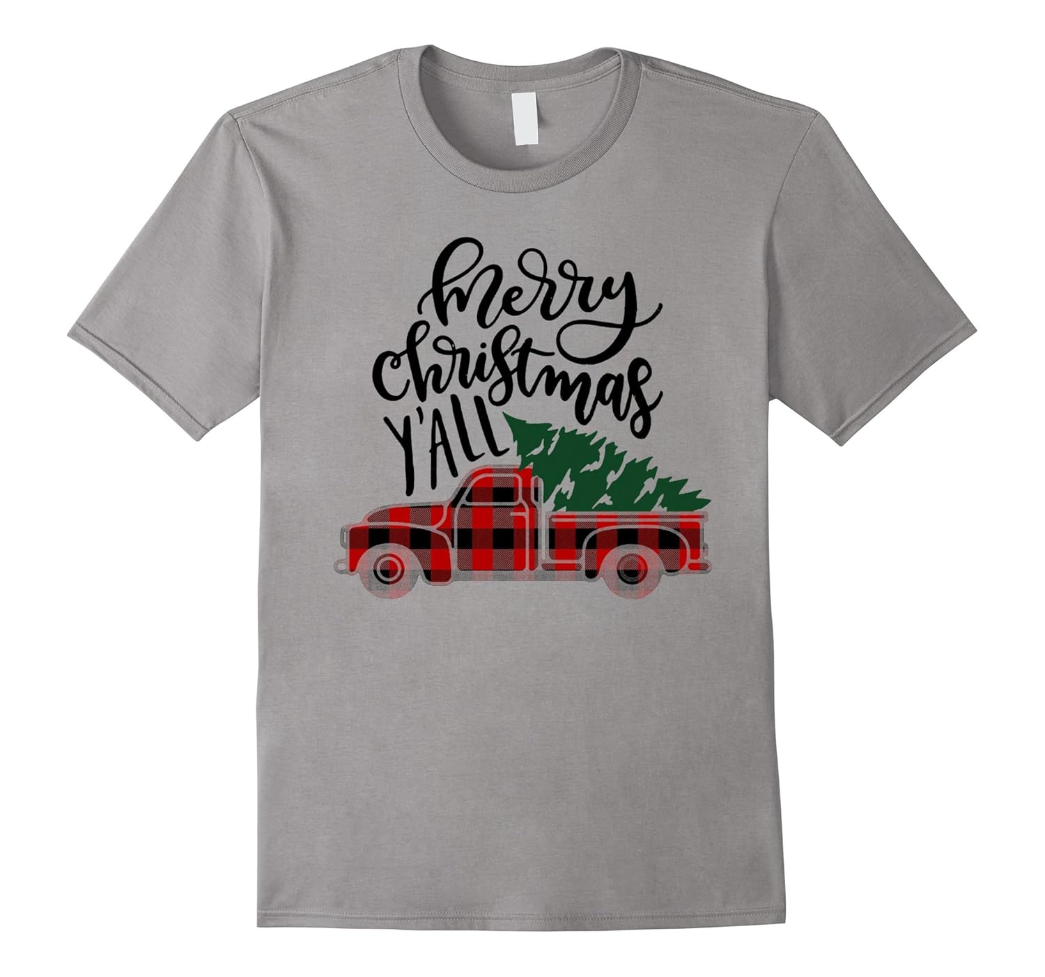 Merry Christmas Yall Vintage Truck with Tree Plaid T shirt-ANZ