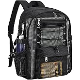 UEASE Mesh Backpack Heavy Duty for School, 23L Mesh Bookbag for Adults, See Through Black Mesh School Bag with Laptop Pocket for Work Swimming Beach Fitness Sport