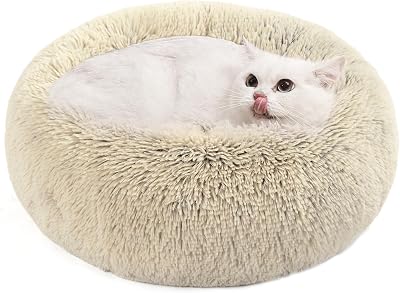Feandrea Donut Dog Bed Cat Bed 50 cm Khaki Long Plush Removable Cover