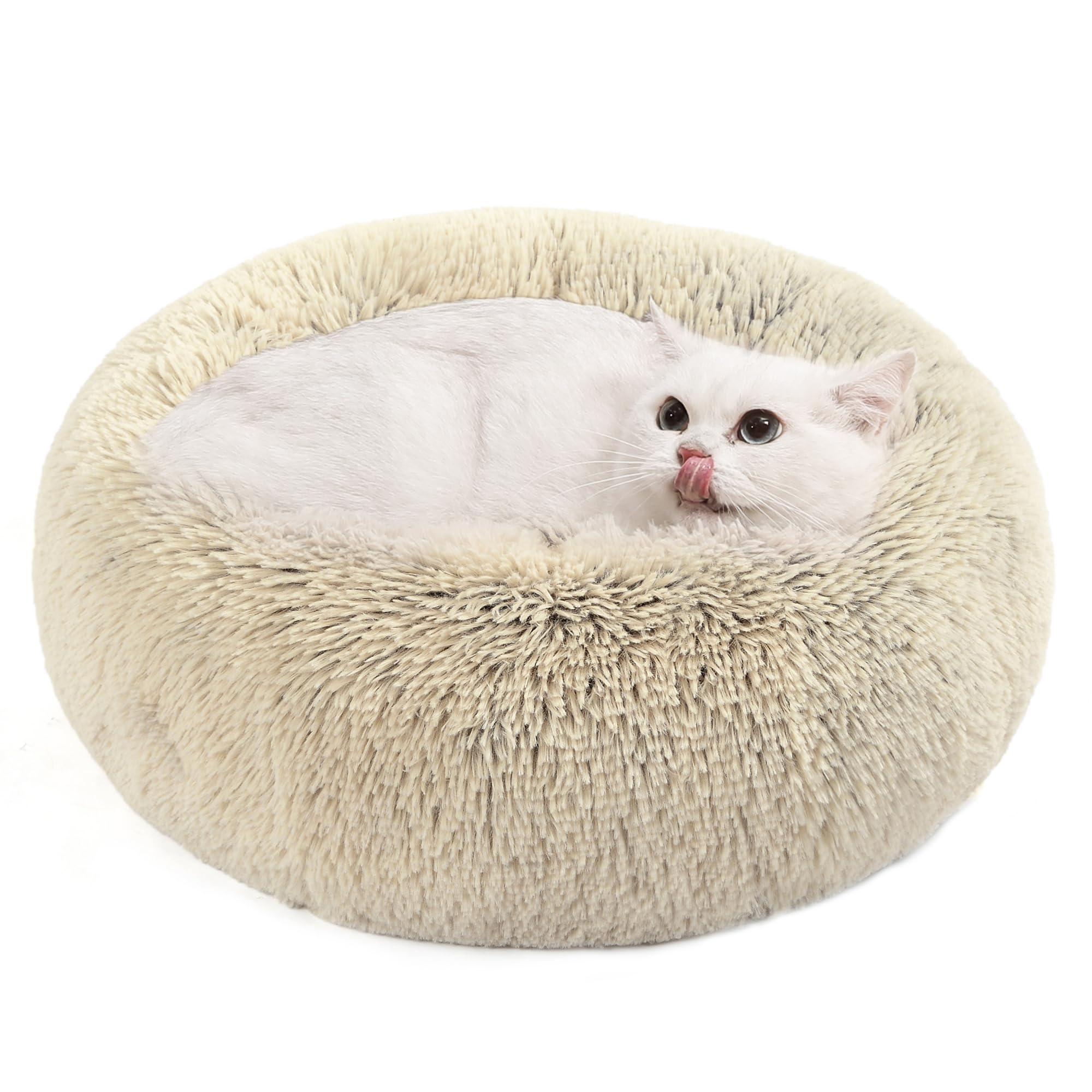 Feandrea Dog Bed, Donut Cat Bed, Fluffy Calming Pet Bed with Removable, Washable Cover, Soft Long Plush, 50 cm, Khaki — image 1