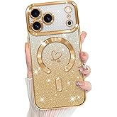 Bonoma Compatible with iPhone 17 Pro Max Case 2025 Support for MagSafe, Plating Heart Glitter Magnetic Case TPU Camera Protection Back Cover for Phone Case -Gold