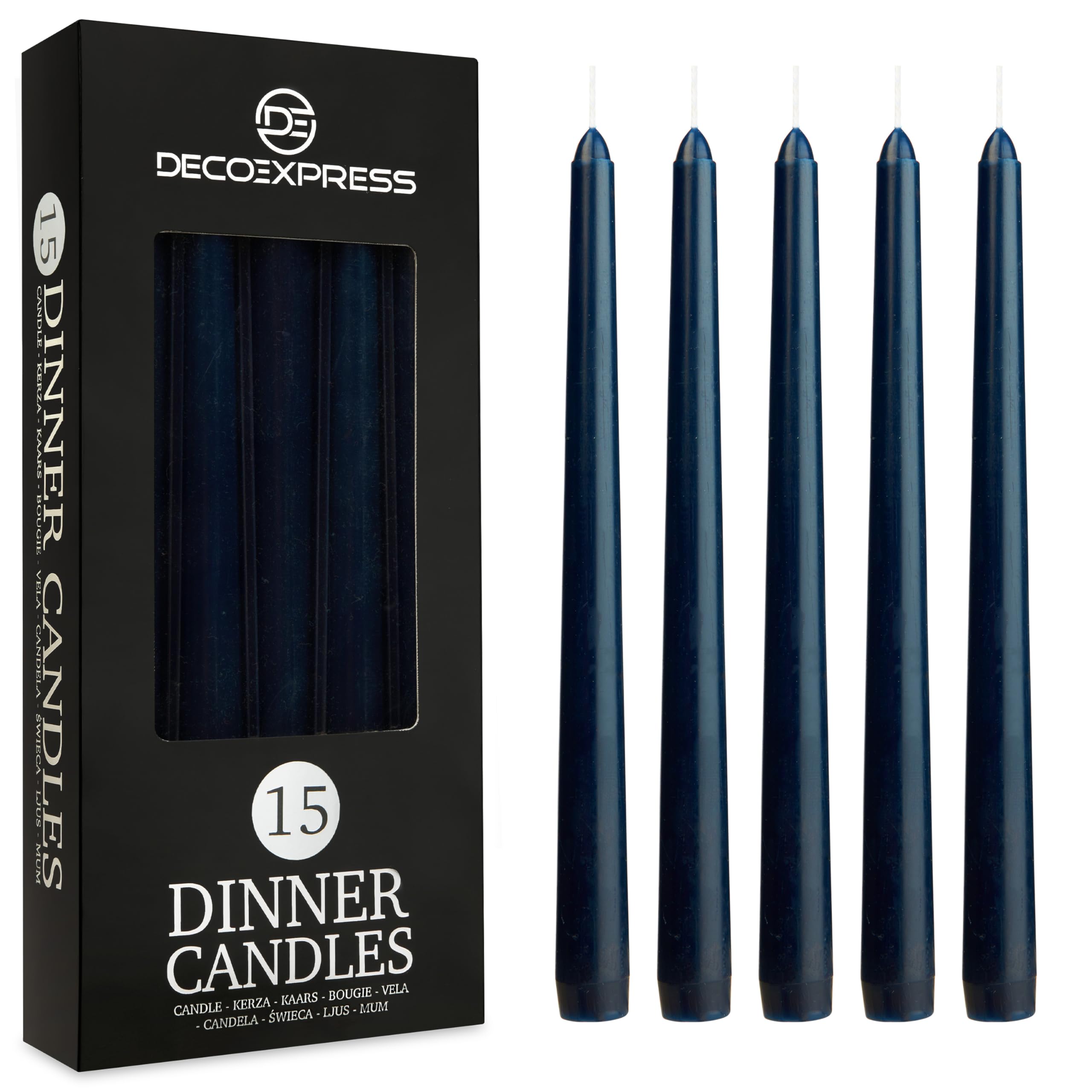 DECO EXPRESS Candles Set, Pack of 15 Classic Dripless Tapered Metallic Dinner Candles, Unscented with 8 Hours Burning Time, Home, Valentine’s Day & Mother’s Day Decor Idea (Navy, 15 Pack)