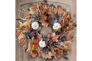 WANNA-CUL 24 Inch Fall Wreath for Front Door with White Pumpkins,Grains, Maple Leaves-Fall Decoration for Home-Large Fall Decor Door Wreath for Autumn,Harvest or Halloween