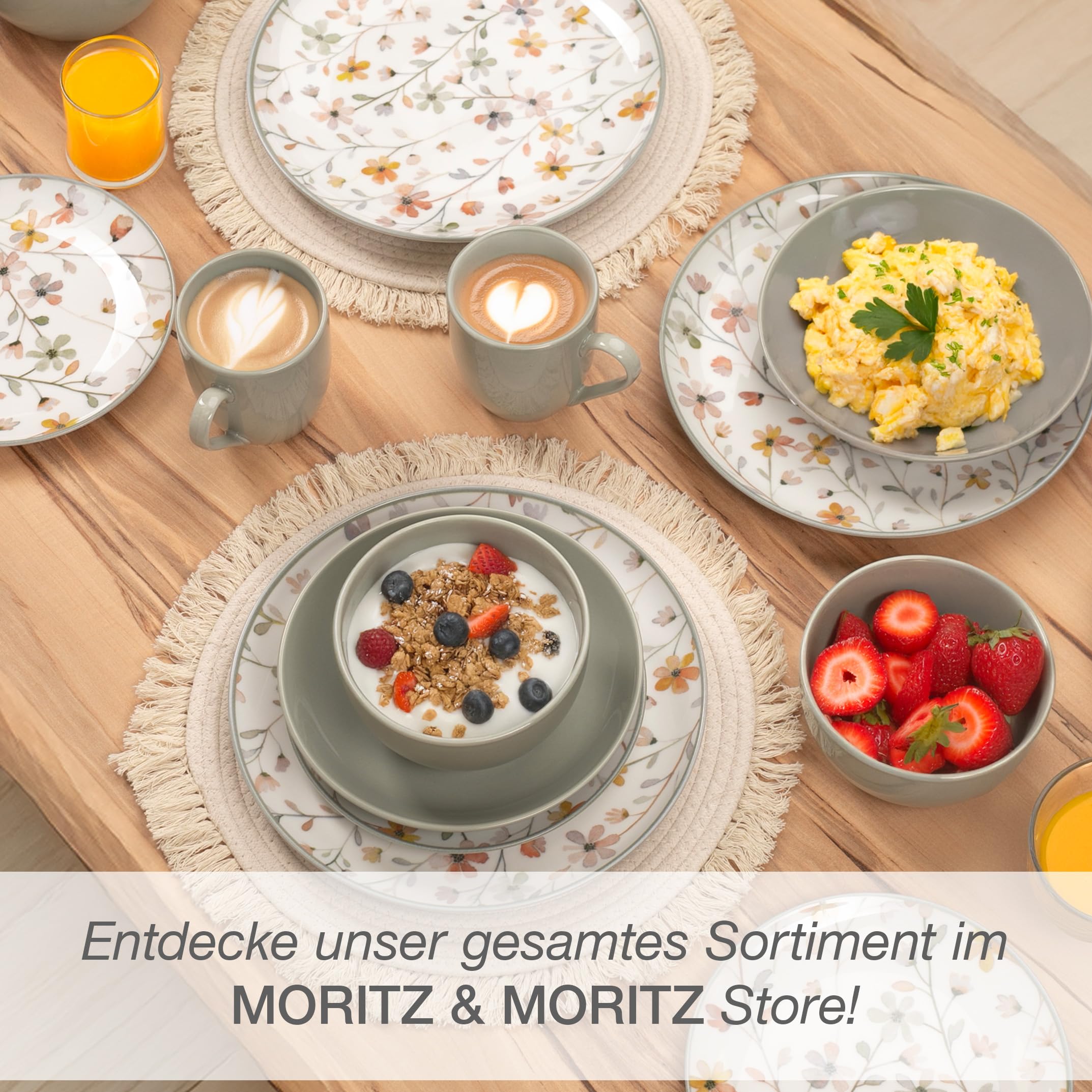Moritz & Moritz PRIMAVERA Steingut Geschirrset 6 Personen 24-tlg. - Modernes Tafelservice mit verspieltem Design, Pflegeleichtes Kaffeeservice mit Teller Set, Schüsseln & Tassen - Kombiservice 8