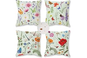 ONWAY Outdoor Waterproof Spring Summer Pillow Covers 18x18 Inch Set of 4 Floral Farmhouse Throw Pillows Green Decorative Cushion Cases for Outdoor Couch Sofa Patio Furniture Home Decoration