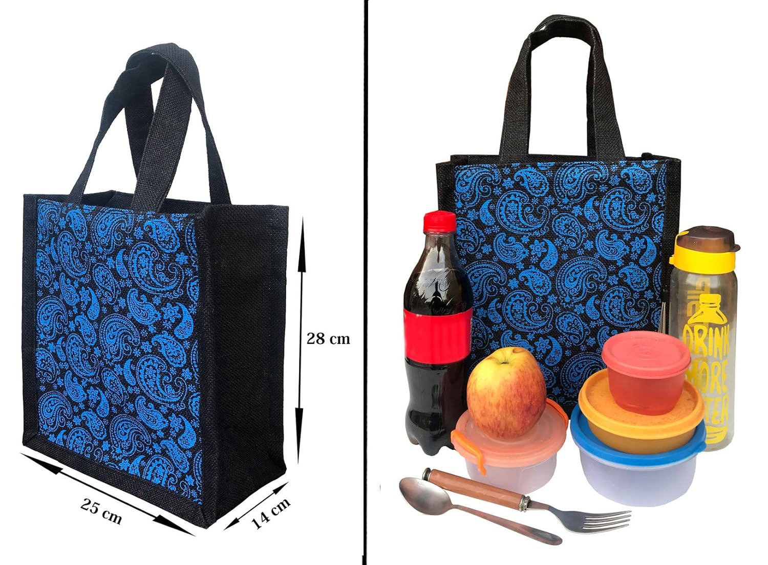 urban jhola unisex jute lunch bag for daily use, small(blue, ujb-5)