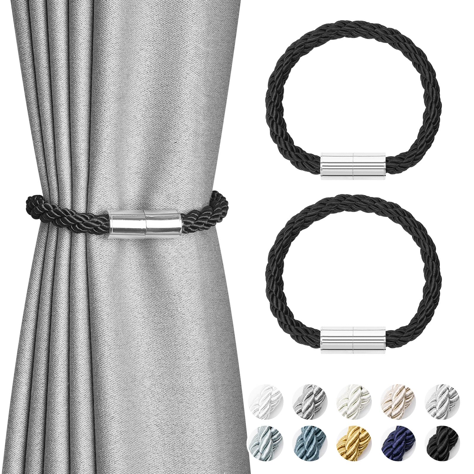 Pretty Jolly 2 Pack Mini Magnetic Curtain Tiebacks Modern Simple Style Drape Tie Backs Elegant Decorative Weave Rope Curtain Holdbacks for Home & Office Thin Window Draperies (Black)