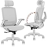 GABRYLLY Ergonomic Office Chair, High Back Home Desk Chair with Headrest, Flip-Up Arms, 90-120° Tilt Lock and Wide Cushion, 400LBS Mesh Chairs for Man Woman, White Task Chair(Grey,GY01WG)