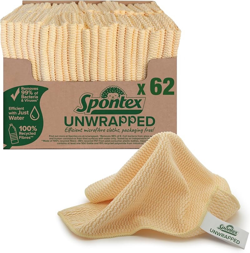 Spontex Unwrapped Microfibre Cloths 30x30cm Pack 62 Recycled Fibres