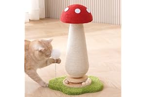 KICARI Mushroom Cat Scratching Post Cat Tree, 21.5‘’ H Cute Cat Scratcher Tower with Durable Solid Wood Turntable Toy, Mushroom Scratch Post Cat Sisal Scratcher with Catnip for Indoor Adult Cats