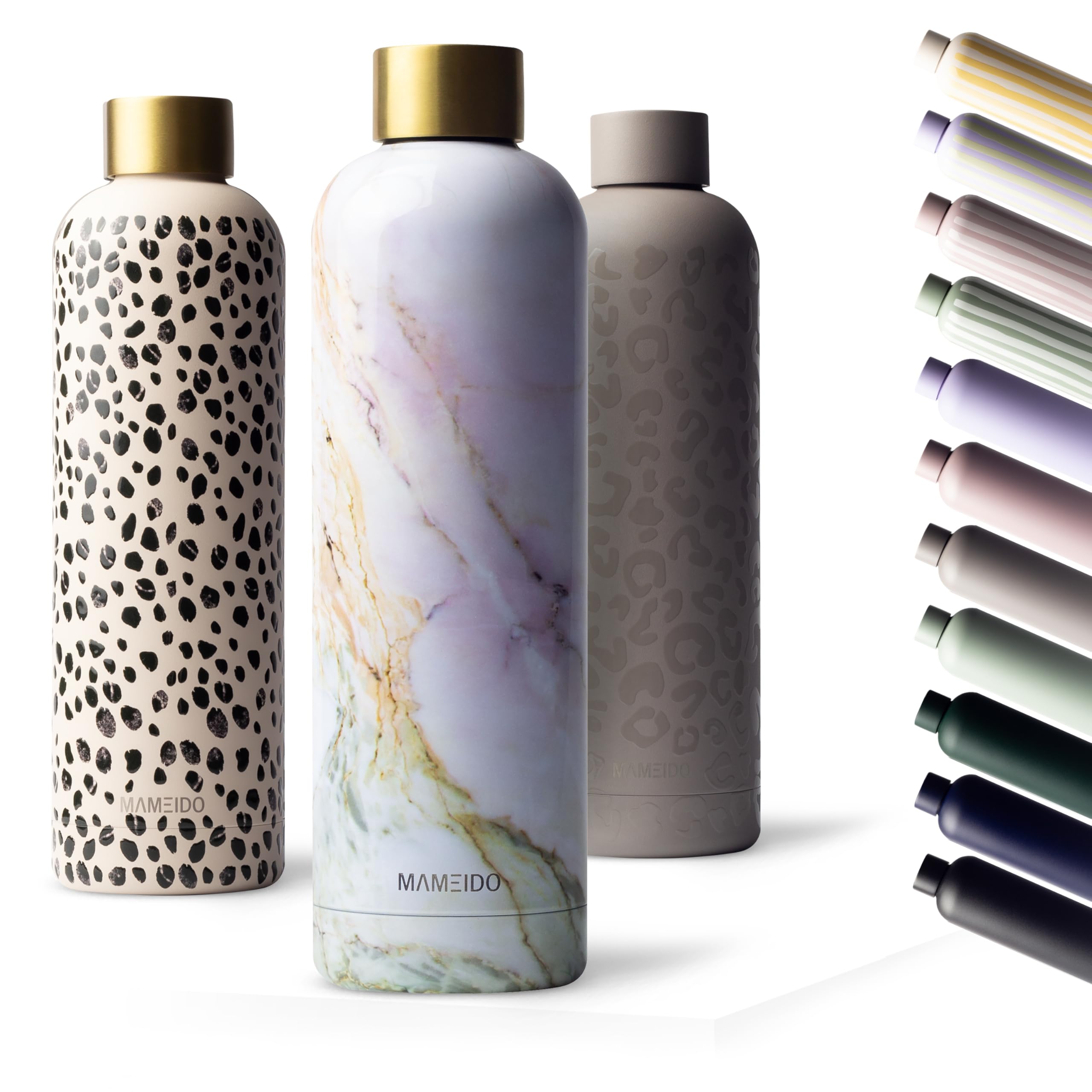 MAMEIDO Insulated Water Bottle 750 ml, Leak-Proof 18/8 Stainless Steel Thermo Flask, Suitable for Carbonated Drinks, BPA-Free (Pearl Marble Gold)