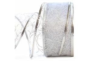 OLYPHAN Wire Edged Ribbon Silver Sheer Organza Gift Wrap Ribbon 50 Yards x 2.5 inch Wide Clearance Metallic Wired Trim & Glitter Decorative White 1 Roll Large