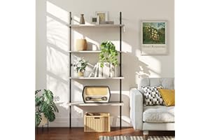 Bestier 65" Industrial Wall-Mounted Ladder Shelf 4 Tier Bookshelf with Storage Organizer Plant Flower Display Stand Round Tube Bookcase Rack with 2 Hooks for Home Office,Large,Gray