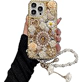 iFiLOVE for iPhone 16 Pro Max Bling Diamond Case with Flower Strap, 3D Luxury Sparkle Glitter Crystal Rhinestone Pearl Love Rose Wristband Bracelet Case Cover for Girls Women Kids (Champagne)