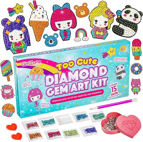 GirlZone Diamond Gem Art Kit, Creative Crafts Set to Make Cute Diamond Art for Kids, Sparkle Gem Stickers Kit, and Diamond Painting