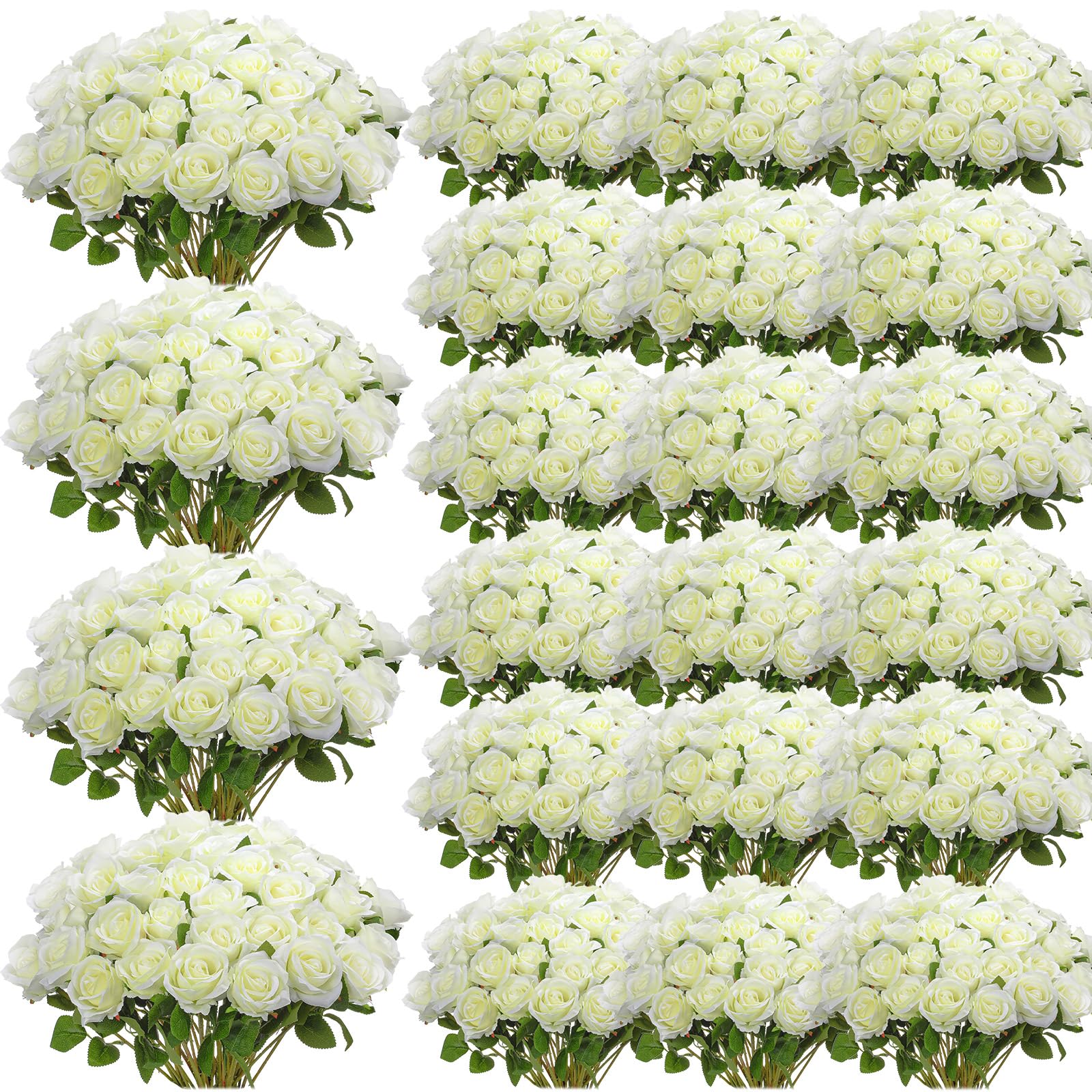 Photo 1 of Riceshoot 500 Pcs Artificial Silk Roses Flowers with Long Stem Bridal Wedding Bouquet Realistic Floral Bulks for Garden Home Party Gifts Favor Decoration(White)