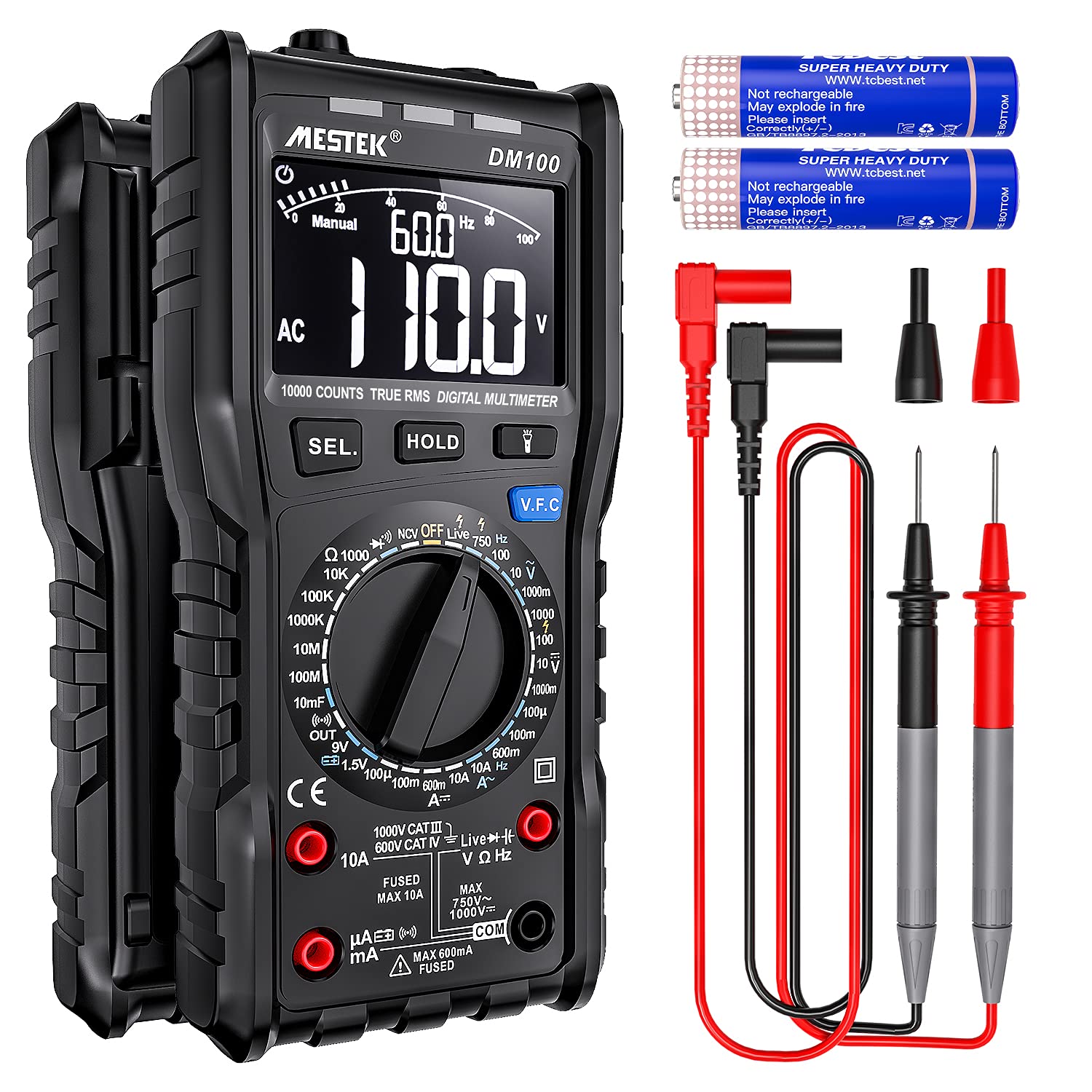 Digital Multimeter Voltage Tester AC DC Current TRMS Electric Meter MESTEK Amp Volt Ohm Hz Capacitance Frequency Diode Resistance Live NCV VFC Wrong Insert Alarm High Speed Anti-burn with Probes